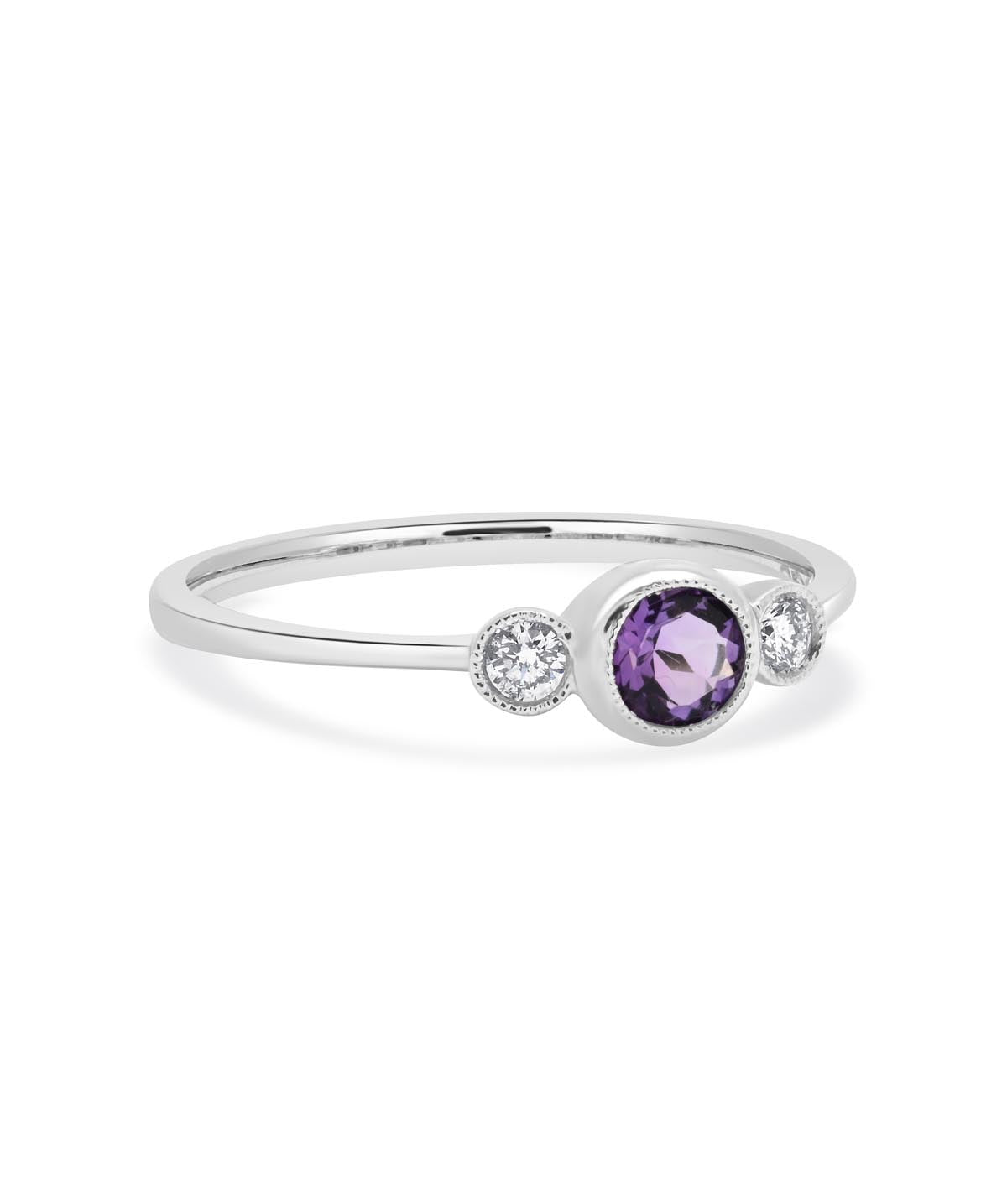 14K White Gold 0.25ct Amethyst and Diamond Bezel Ring