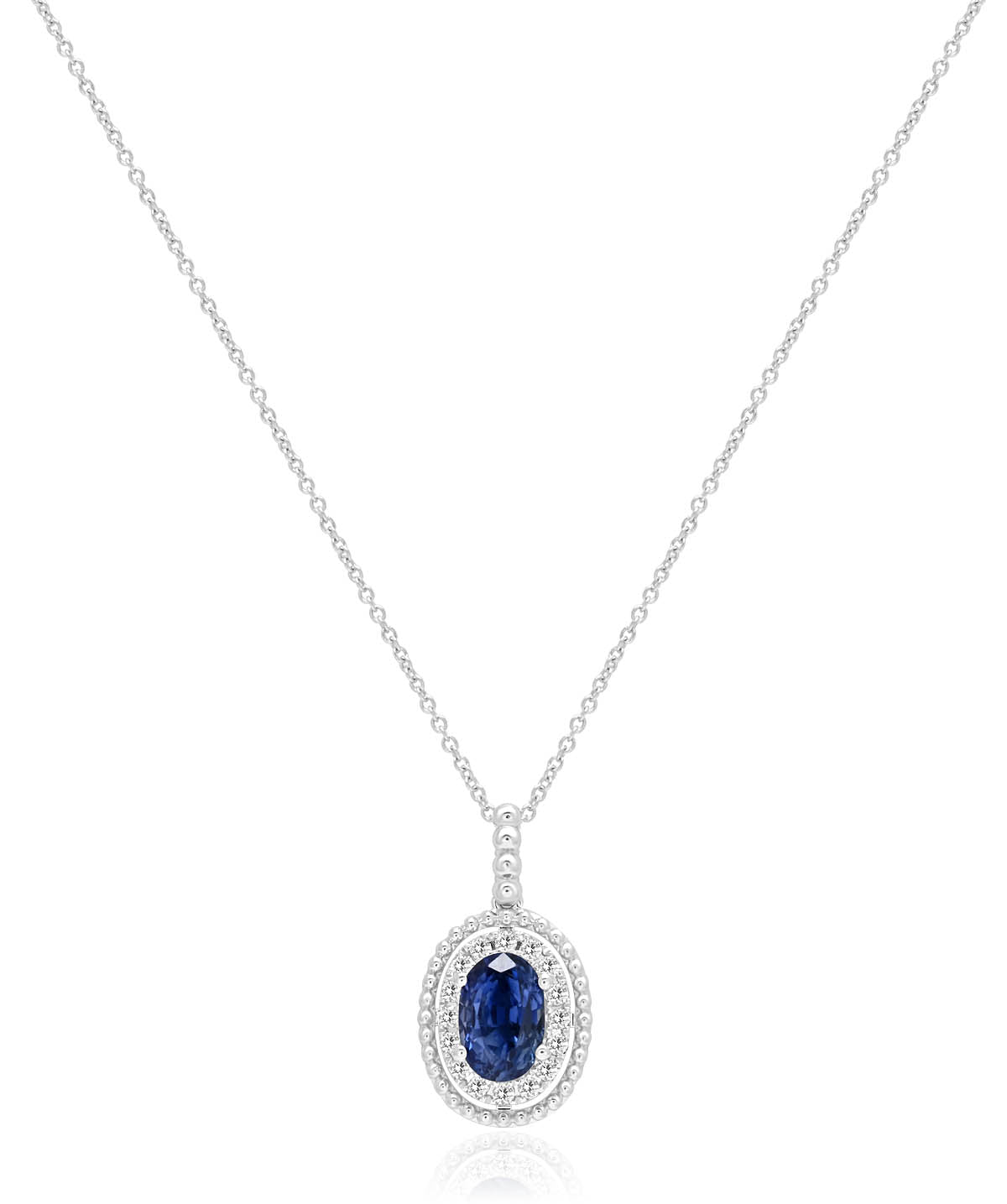 14K White Gold Sapphire and Diamond Halo Beaded Pendant Necklace