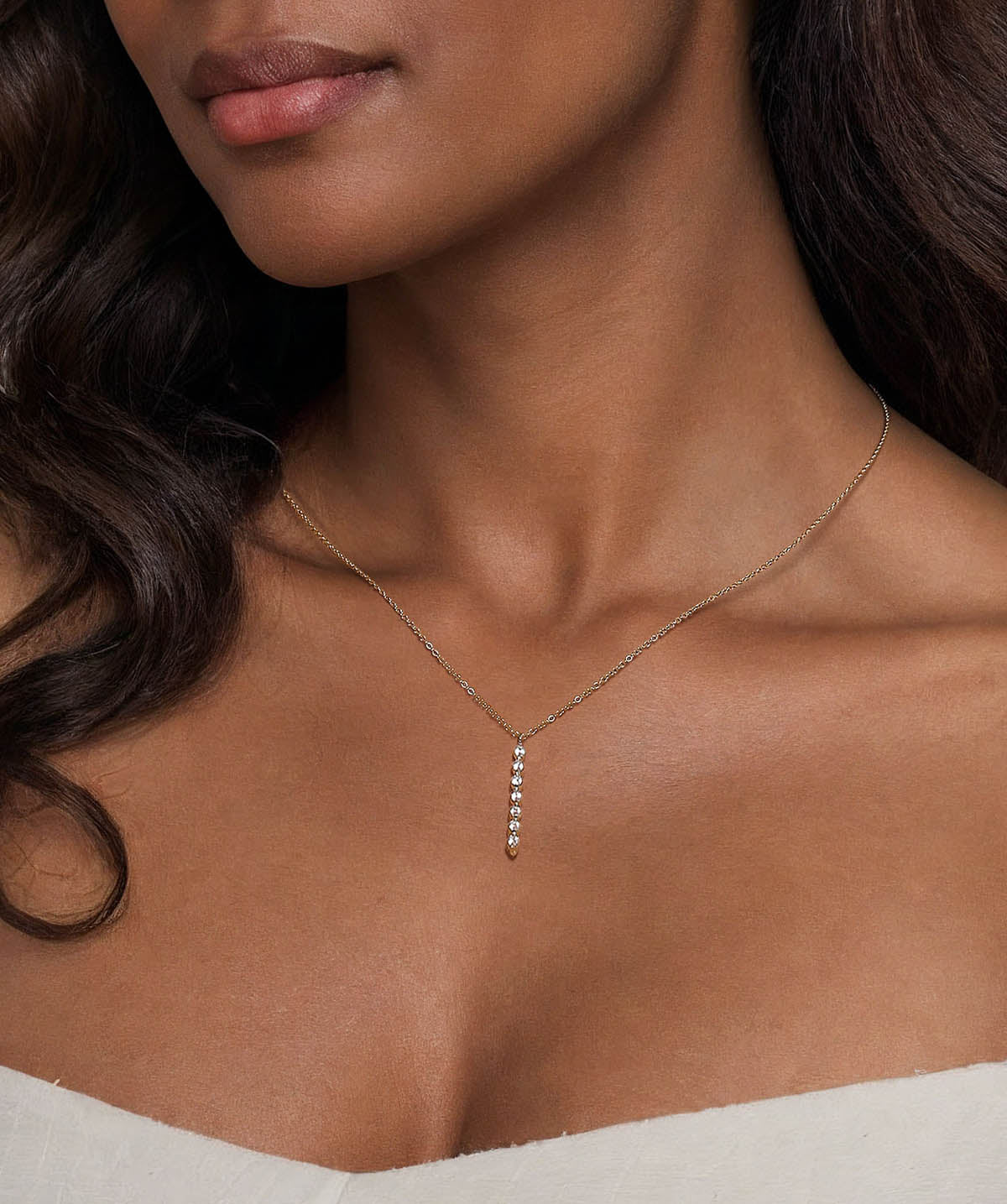 14K Yellow Gold White Sapphire Bar Necklace