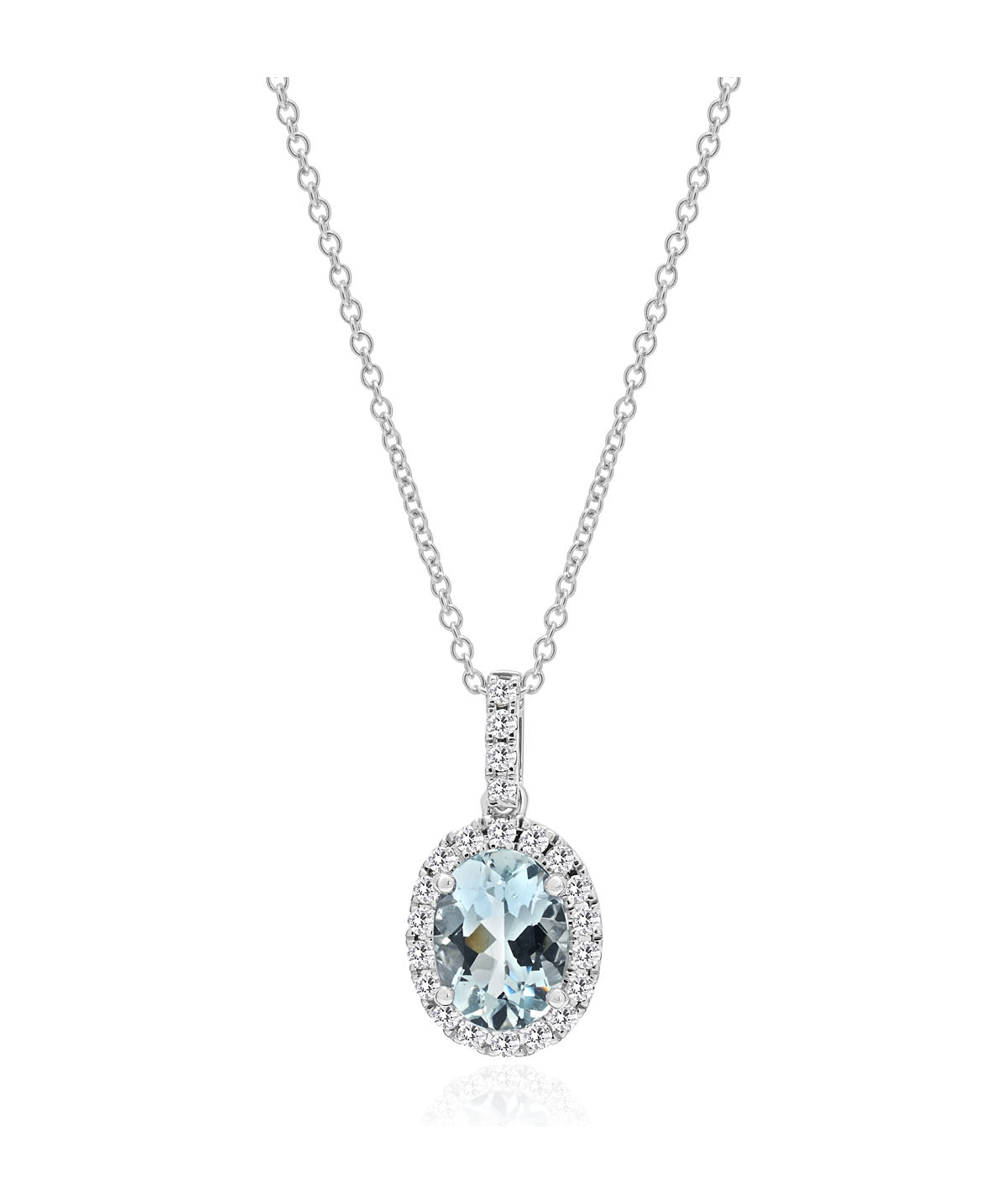 14K White Gold 1ct Oval Aquamarine and Diamond Halo Pendant