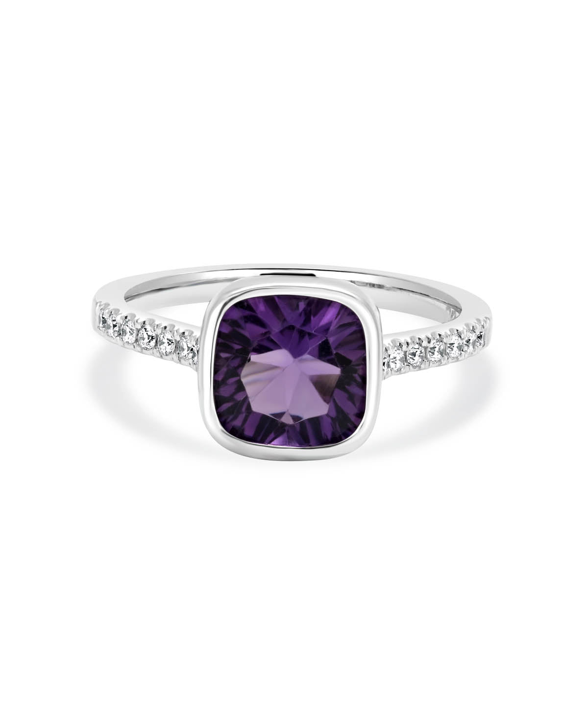 14K White Gold Bezel Set 2.00ct Amethyst and Diamond Accented Ring