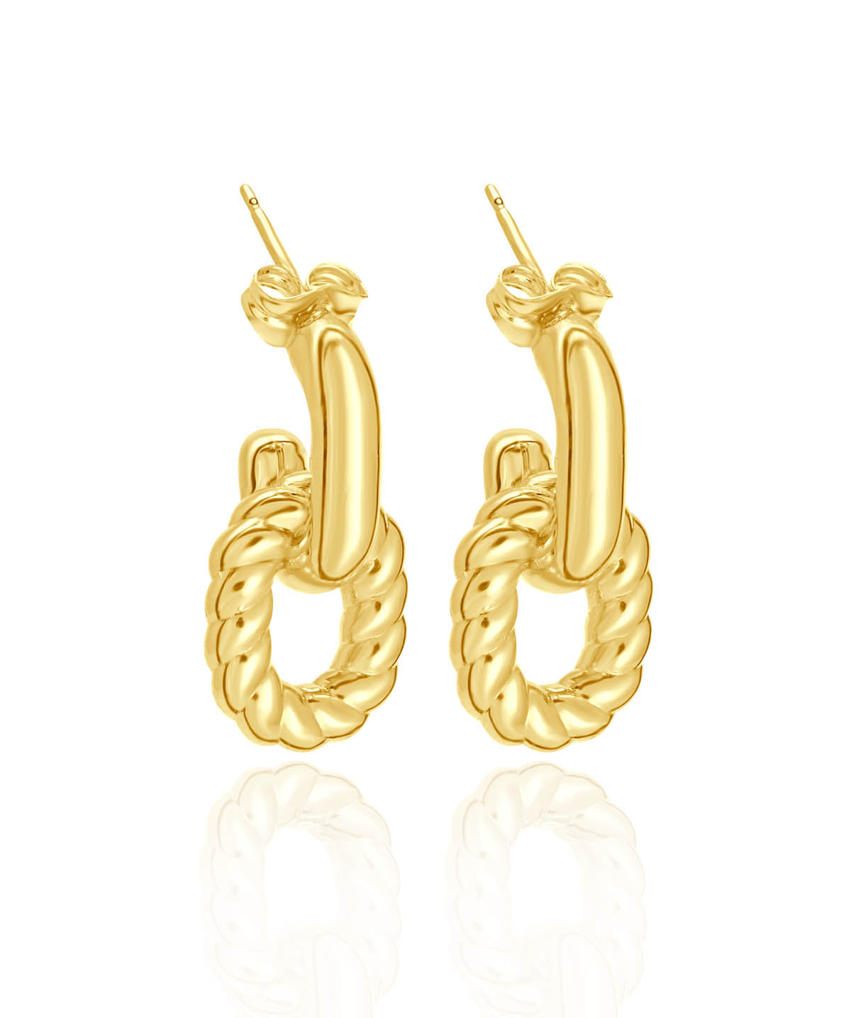 14K Yellow Gold Small Oval Double Link Polished and Twisted Drop Earrings