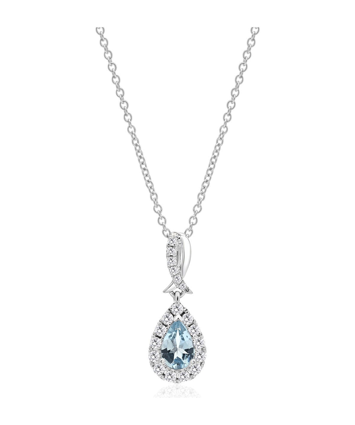 18K White Gold 0.29ct Aquamarine and Diamond Halo Pendant Necklace