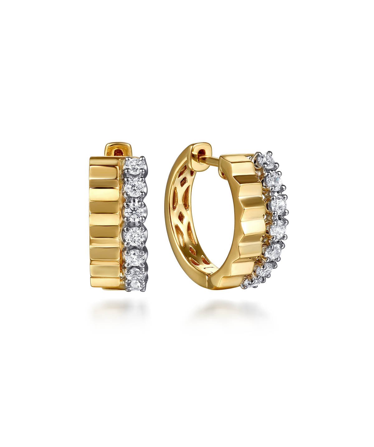 14K White Yellow Gold Diamond and Diamond Cut Huggie Earrings