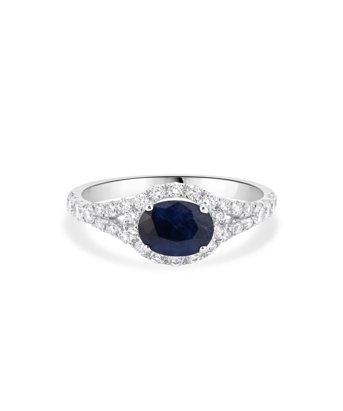 14K White Gold East West Oval Sapphire and Diamond Halo Ring
