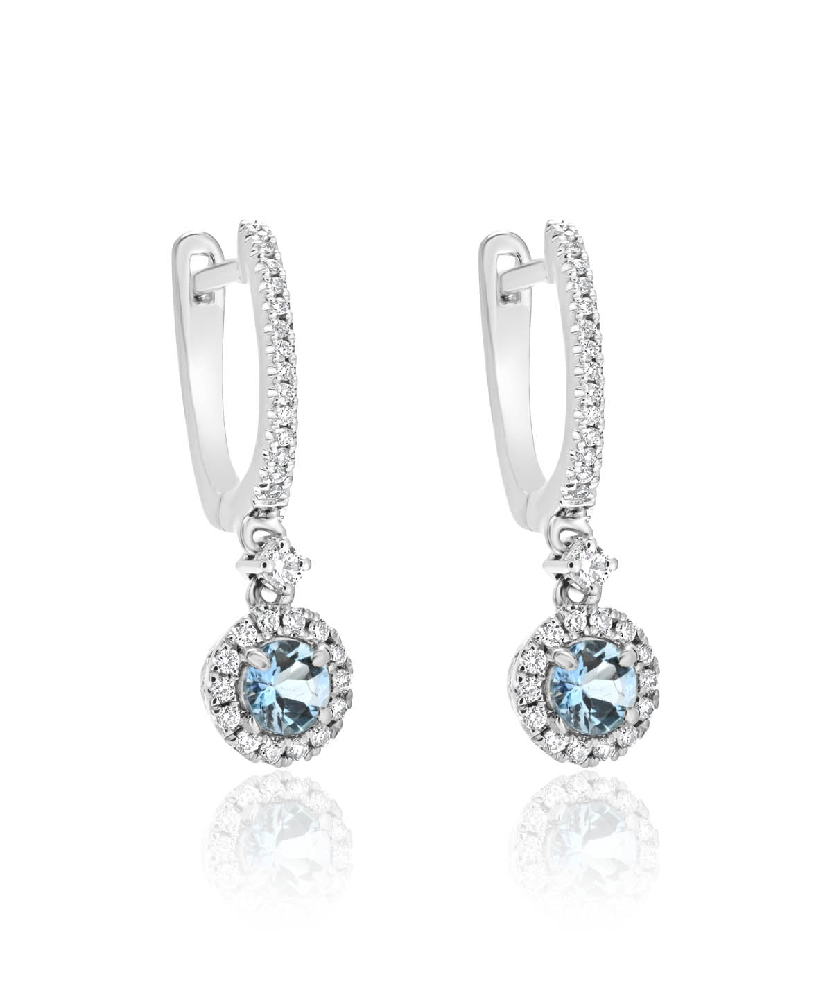 14K White Gold 0.34ctw Aquamarine and Diamond Halo Dangle Earrings