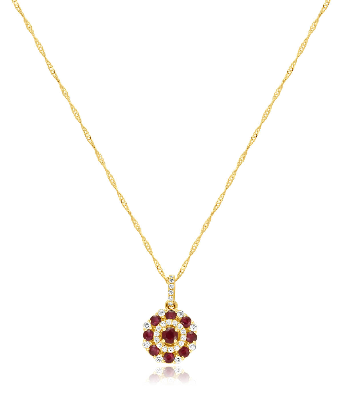 14K Yellow Gold Ruby and Diamond Double Halo Pendant Necklace