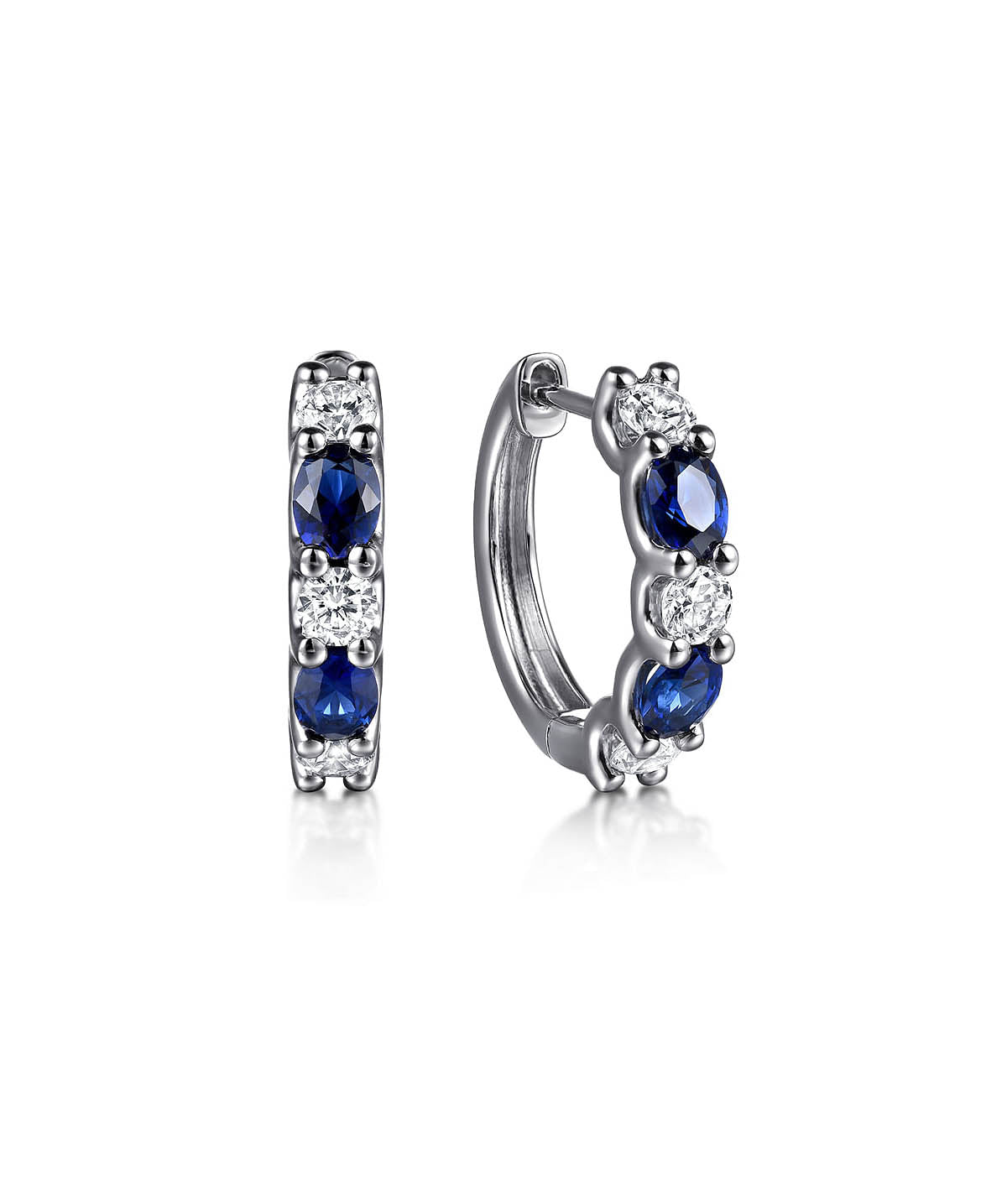 15mm 14K White Gold Diamond and Oval Sapphire Huggie Earrings