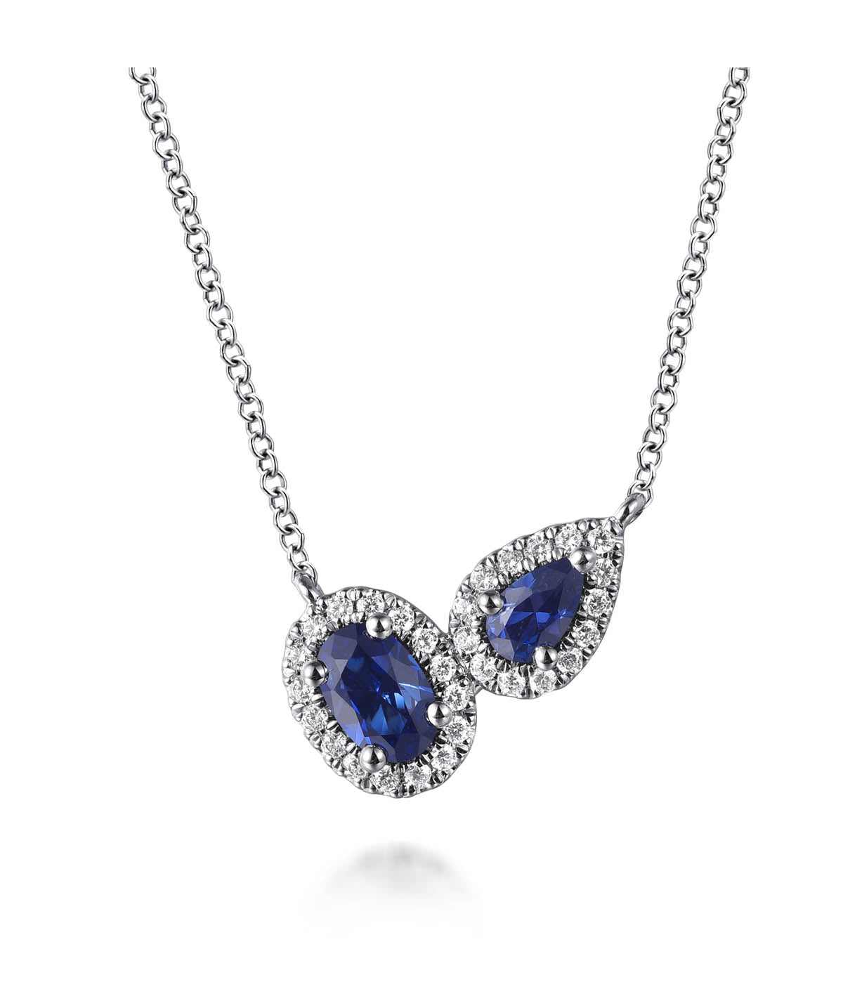 14K White Gold Toi et Moi Sapphire and Diamond Halo Necklace