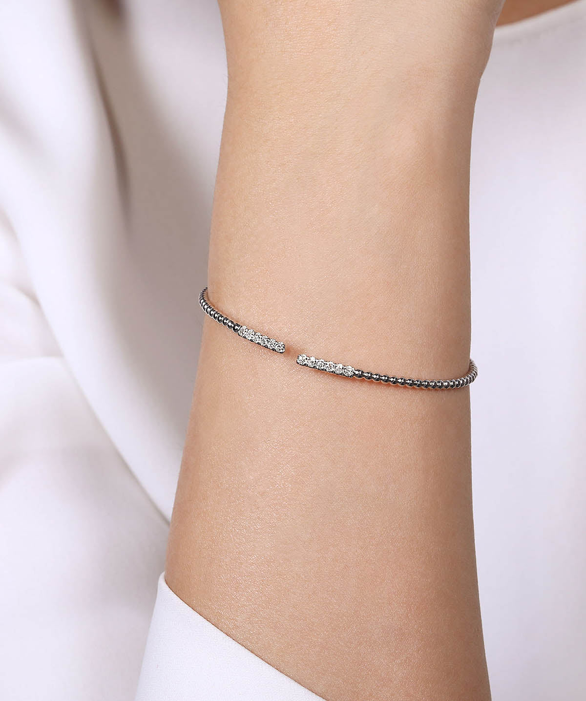 14K White Gold Bujukan Bead Cuff Bracelet with Diamond Pave Bars