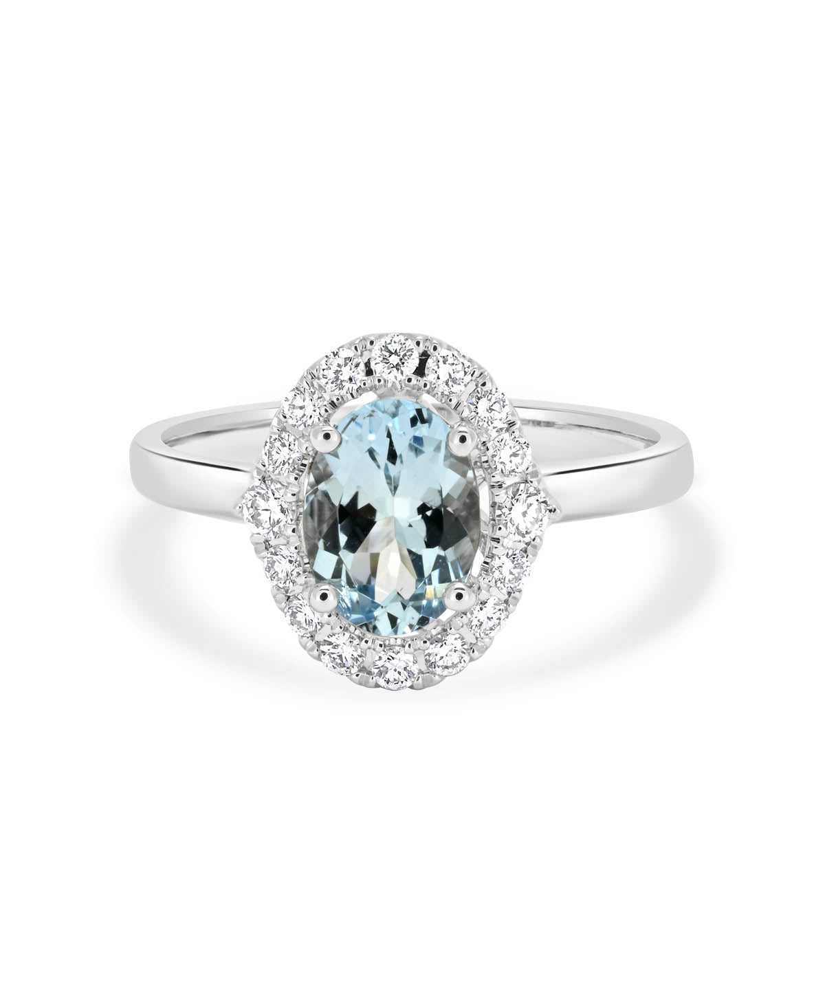 14K White Gold Oval Aquamarine and Diamond Halo Ring