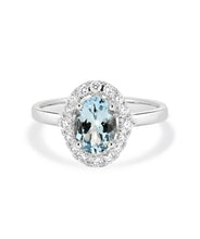 14K White Gold 1ct Oval Aquamarine and Diamond Halo Ring