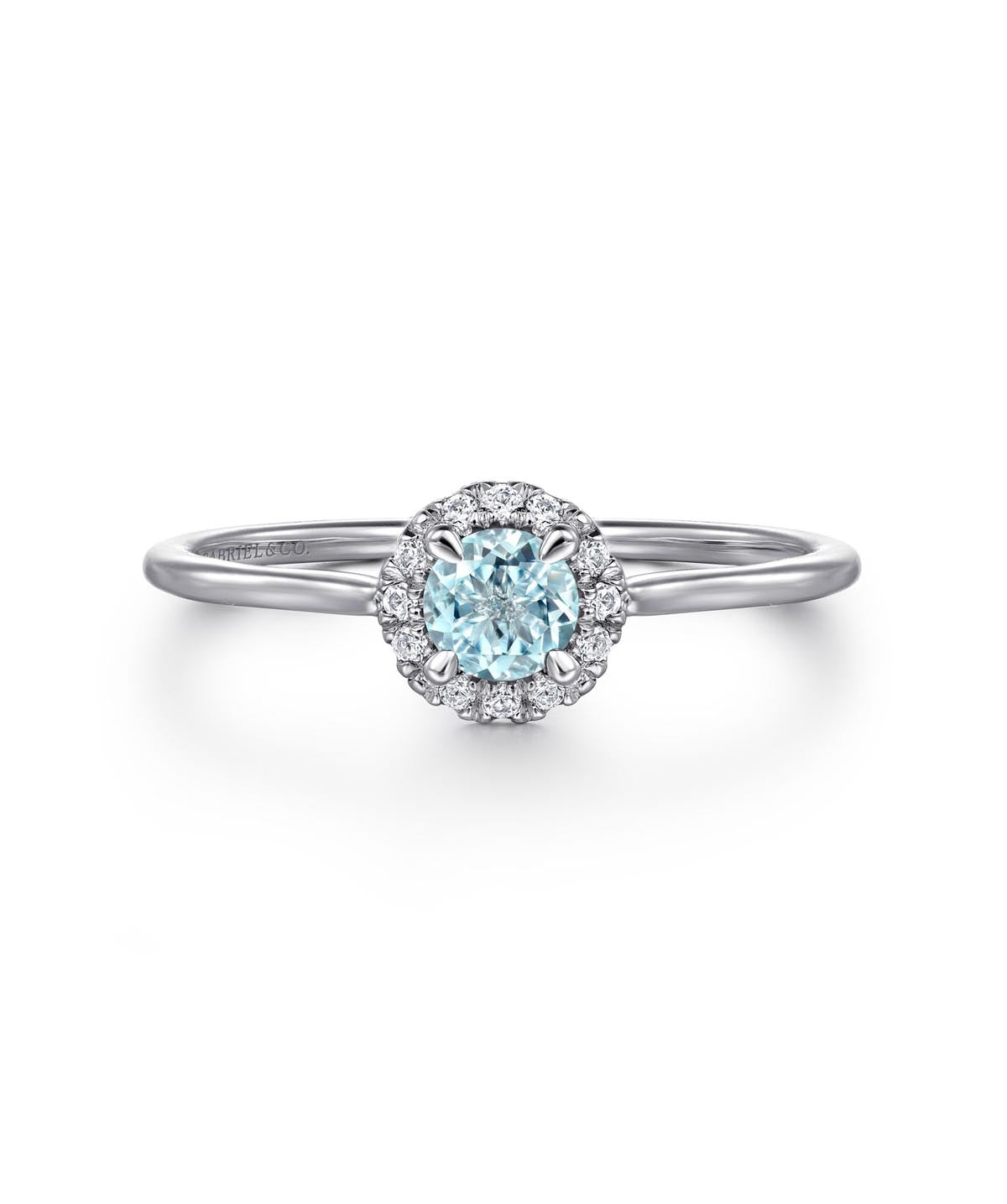 14K White Gold Aquamarine and Diamond Halo Promise Ring
