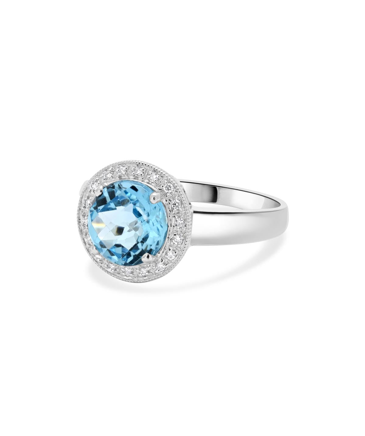 14K White Gold Checkerboard Cut 3ct Blue Topaz and Diamond Halo Ring
