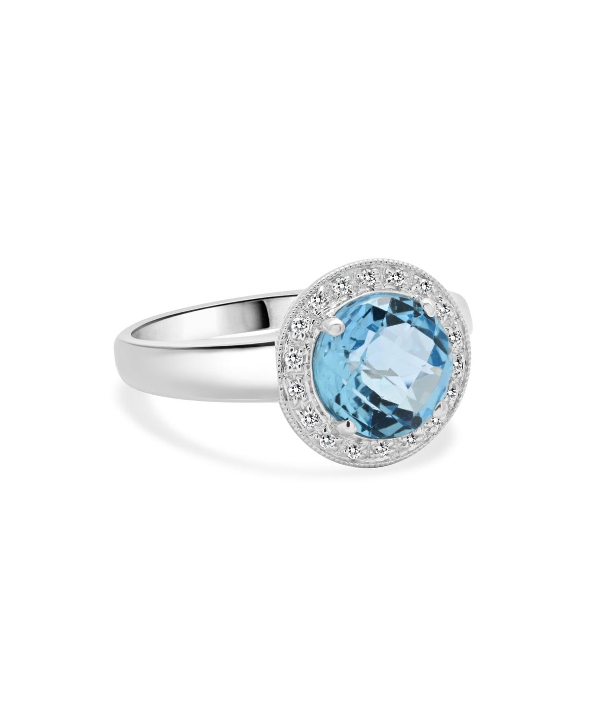 14K White Gold Checkerboard Cut 3ct Blue Topaz and Diamond Halo Ring
