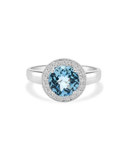 14K White Gold Checkerboard Cut 3ct Blue Topaz and Diamond Halo Ring