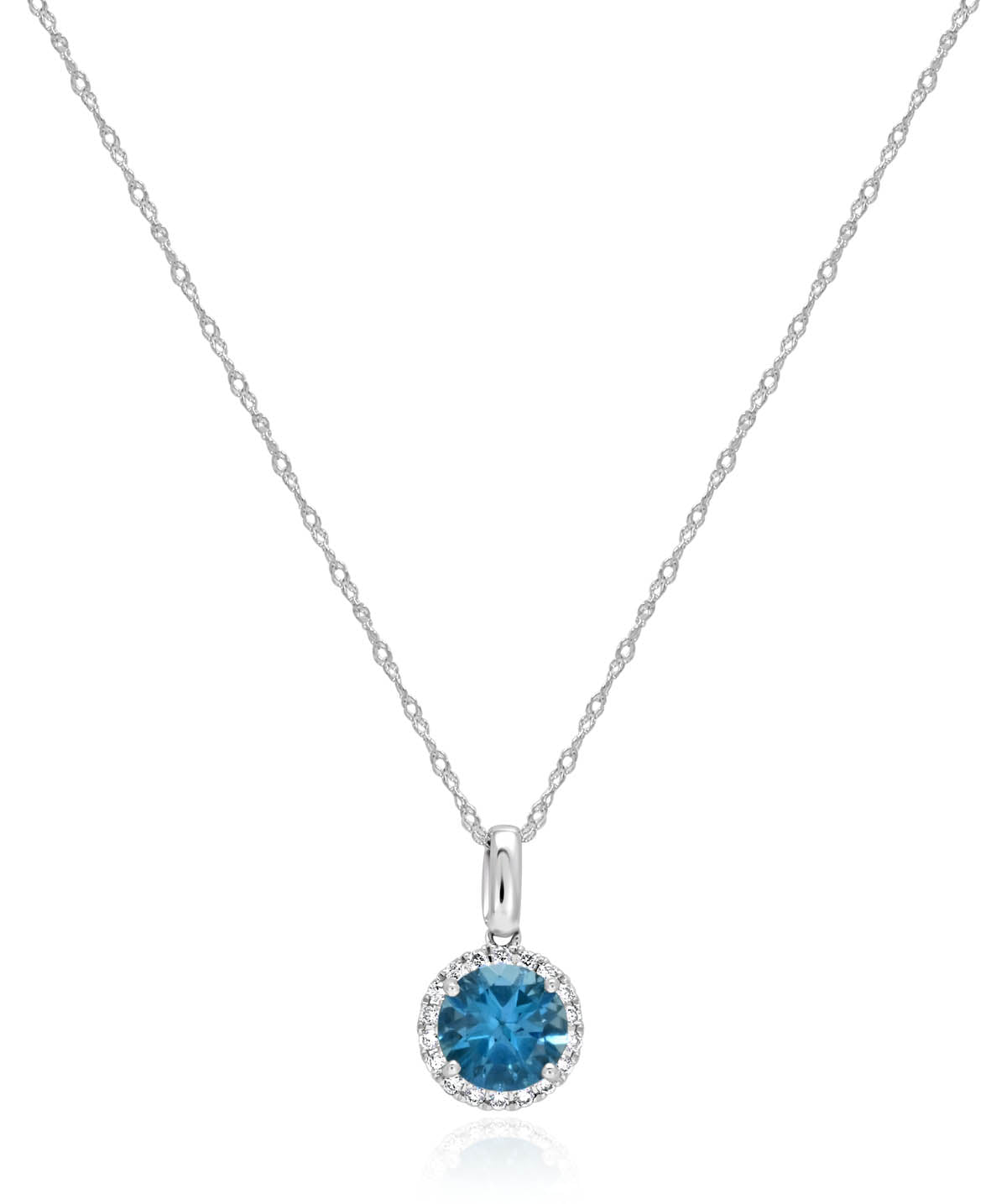 14K White Gold Round Blue Topaz and Diamond Halo Pendant Necklace