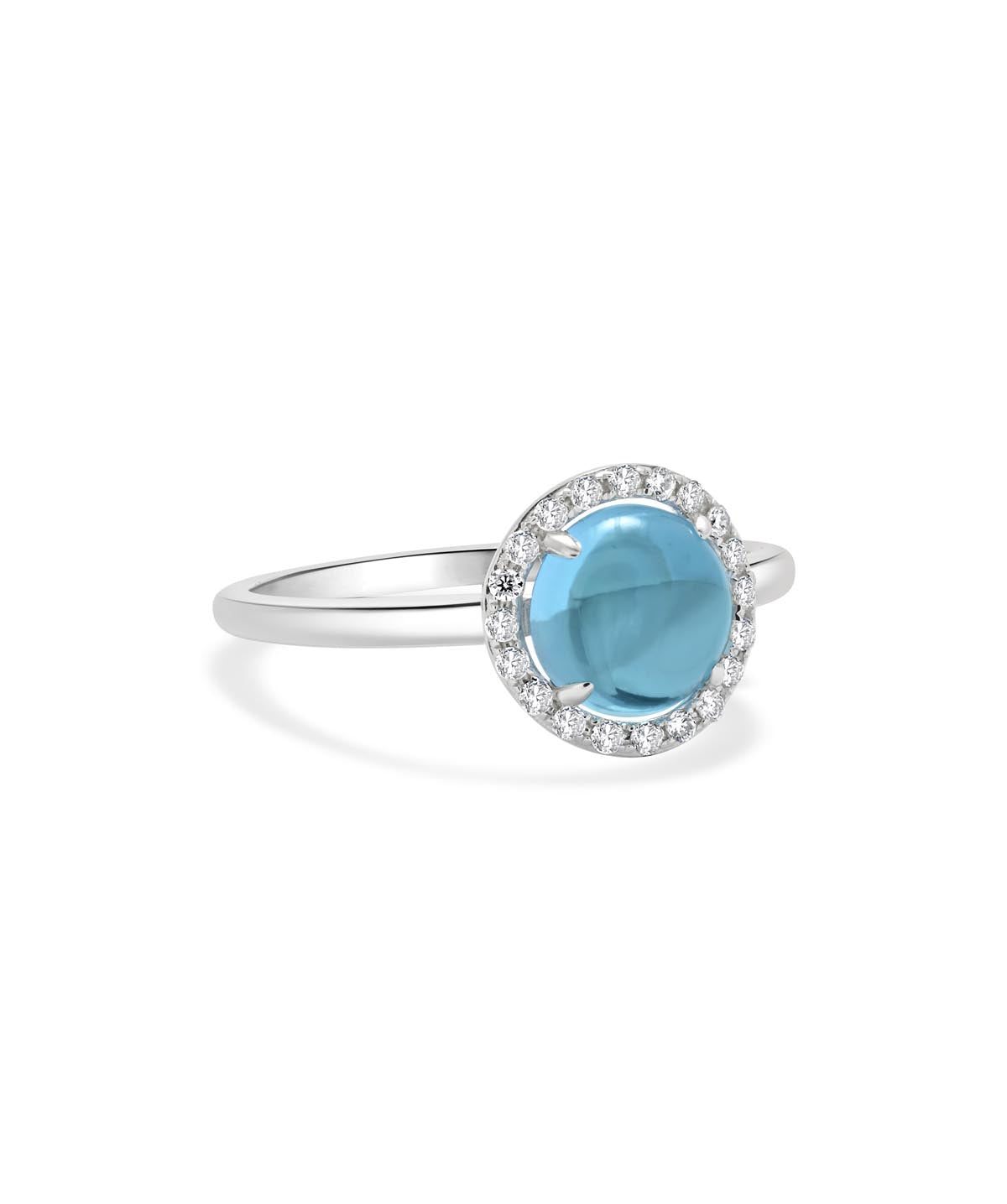 14K White Gold 2ct Blue Topaz Cabochon and Diamond Halo Ring
