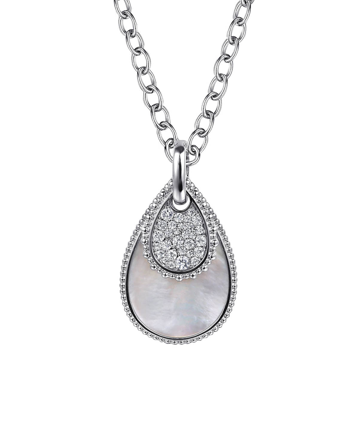 925 Sterling Silver Bujukan White Sapphire and White Mother of Pearl Teardrop Pendant Necklace