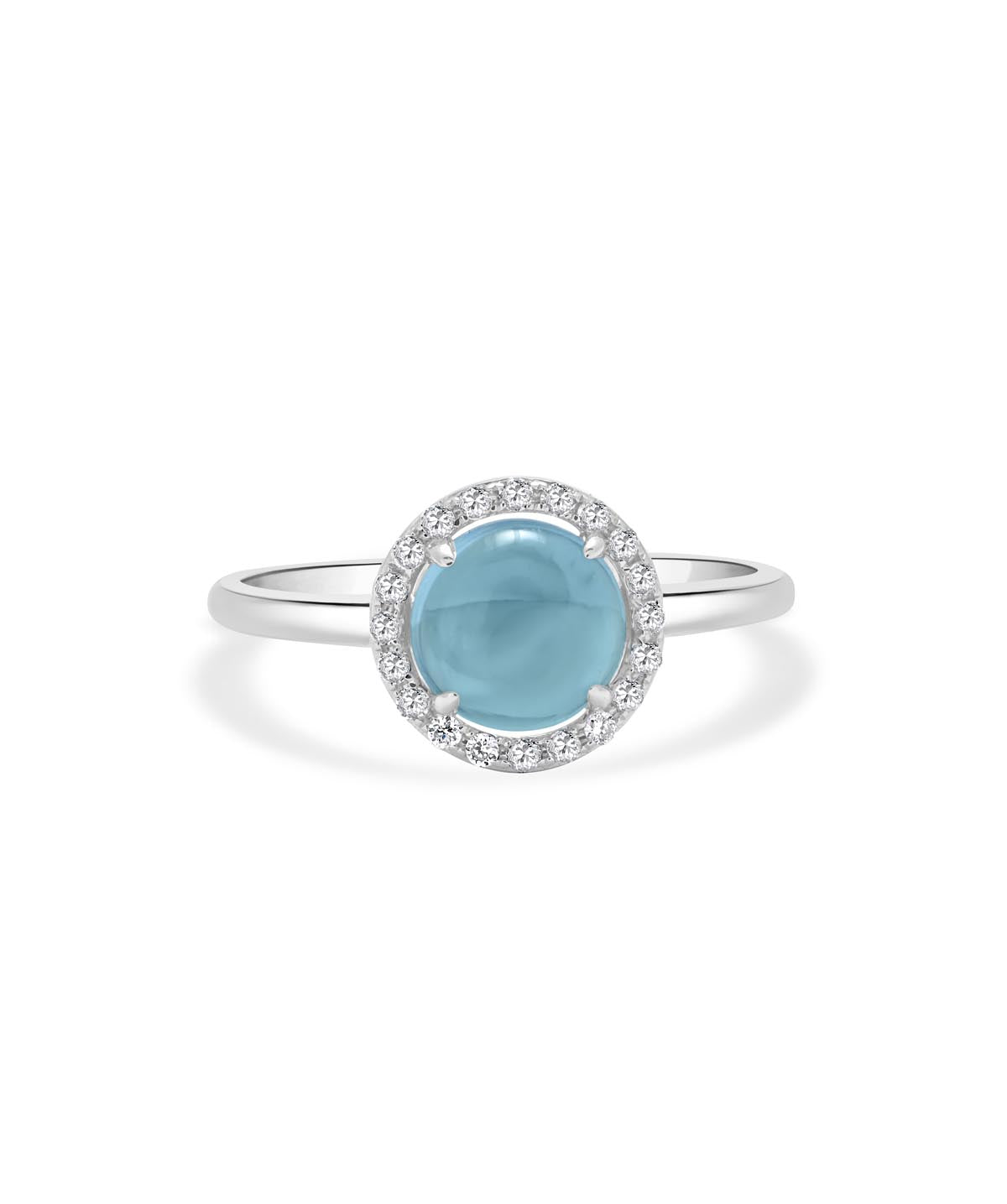 14K White Gold 2ct Blue Topaz Cabochon and Diamond Halo Ring