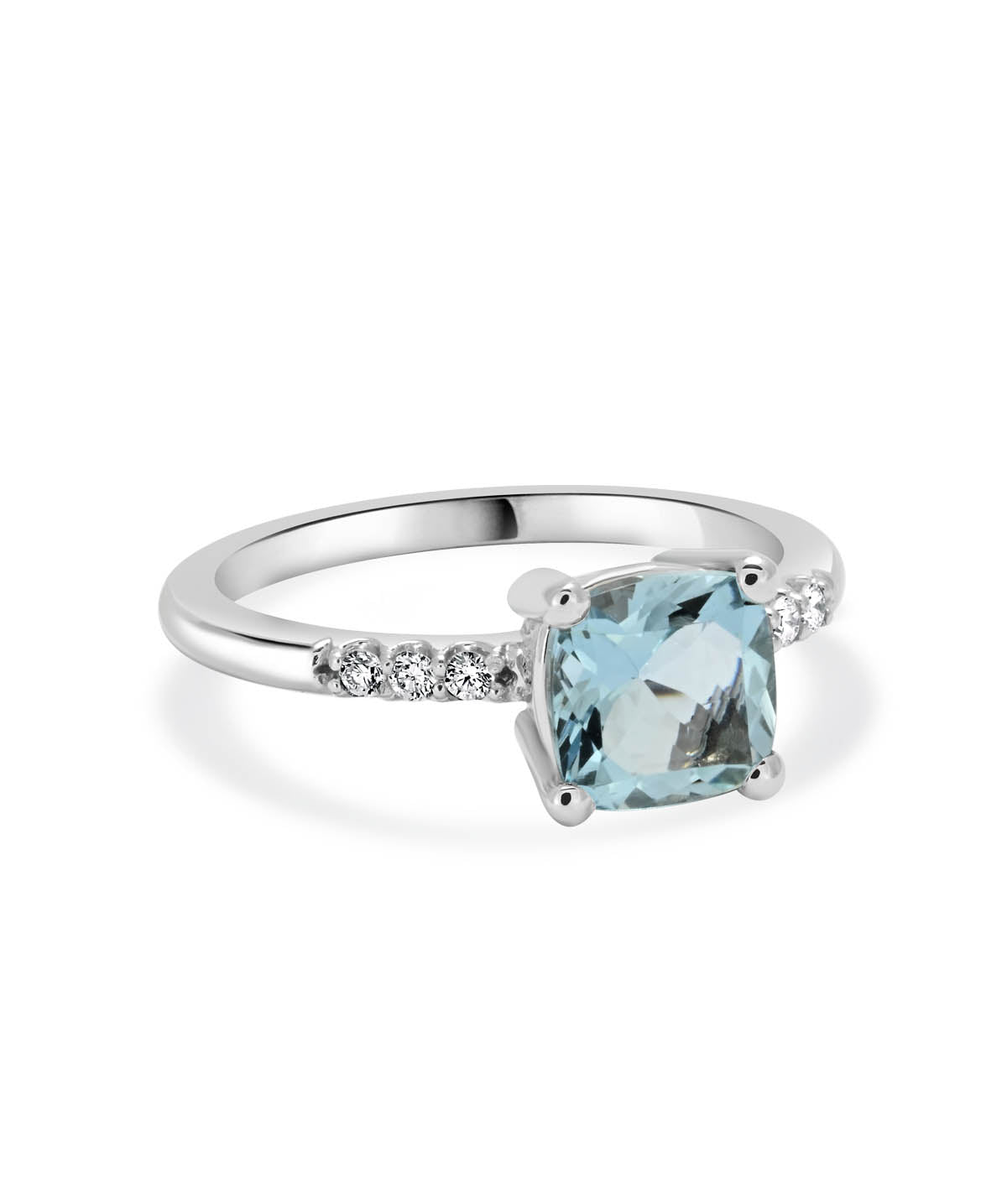 14K White Gold 7mm Aquamarine and Diamond Fashion Ring