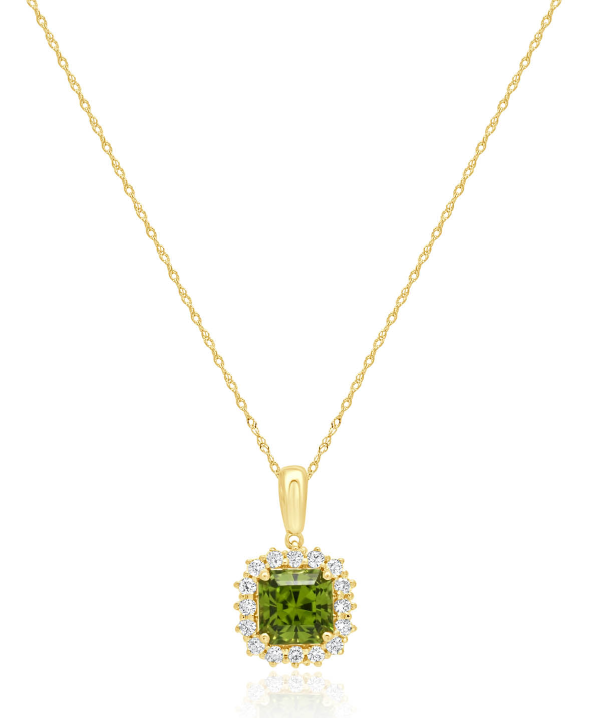 14K Yellow Gold 8mm Asscher Peridot and Diamond Halo Pendant