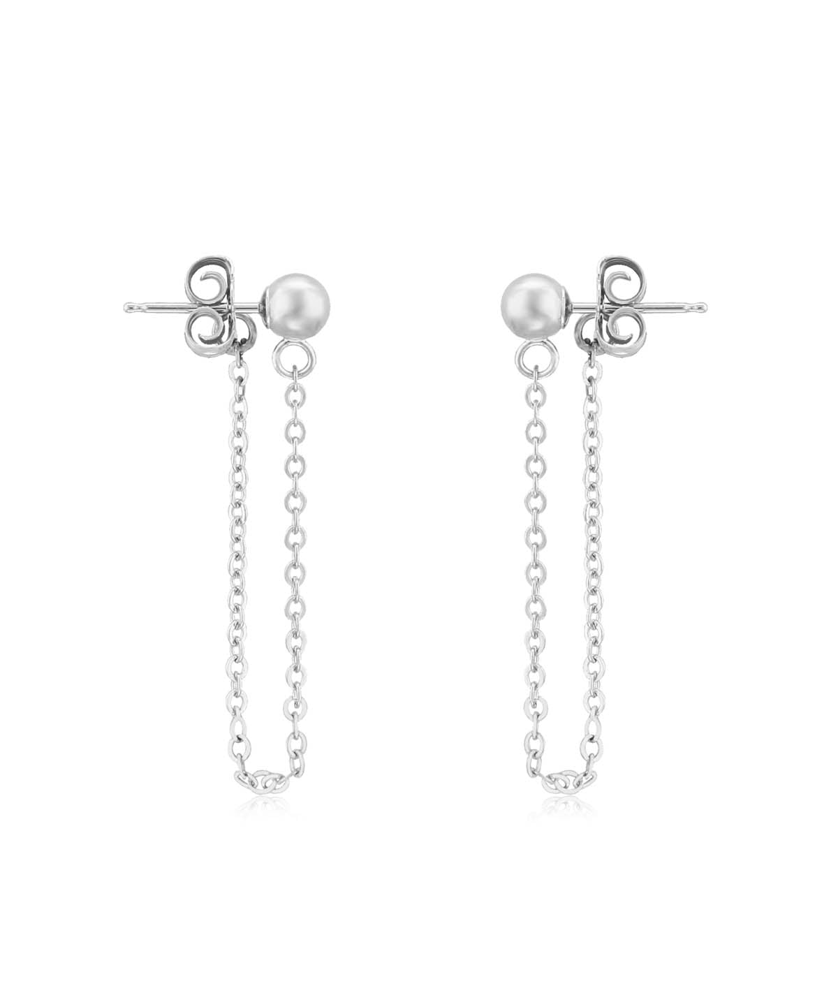 14K White Gold 4mm Ball Stud Earrings with 1.5inch Chain Accent