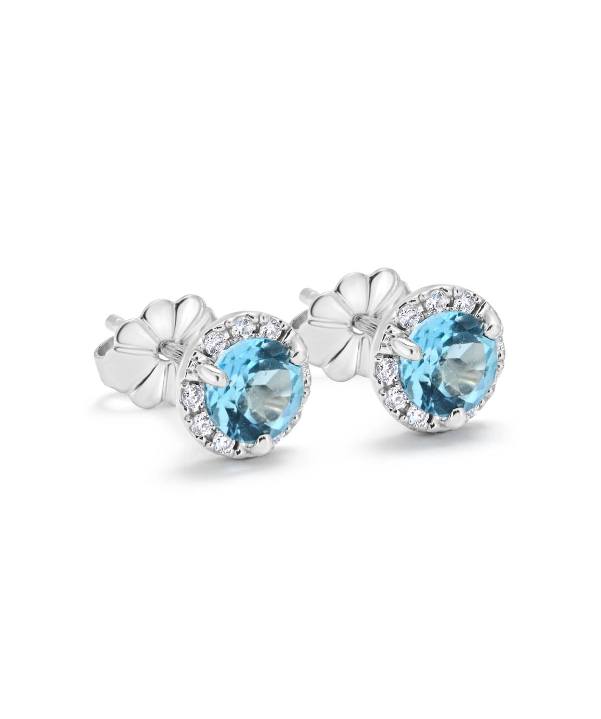 14K White Gold Swiss Blue Topaz and Diamond Halo Stud Earrings