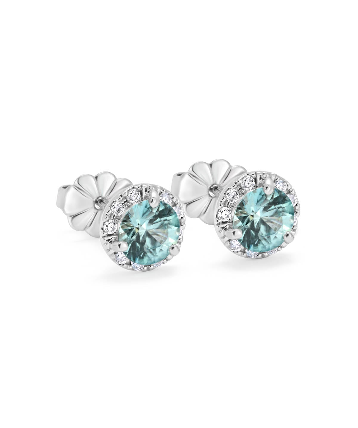 14K White Gold Blue Zircon and Diamond Halo Stud Earrings