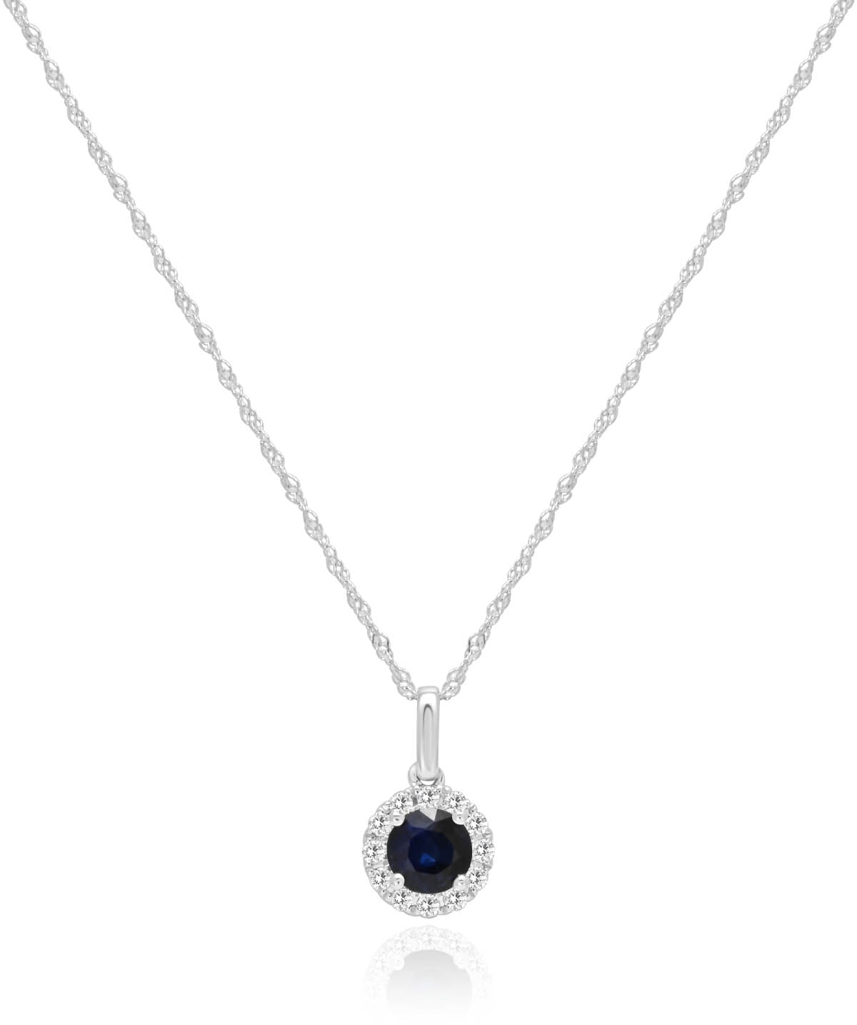 14K White Gold Sapphire and Diamond Halo Pendant Necklace