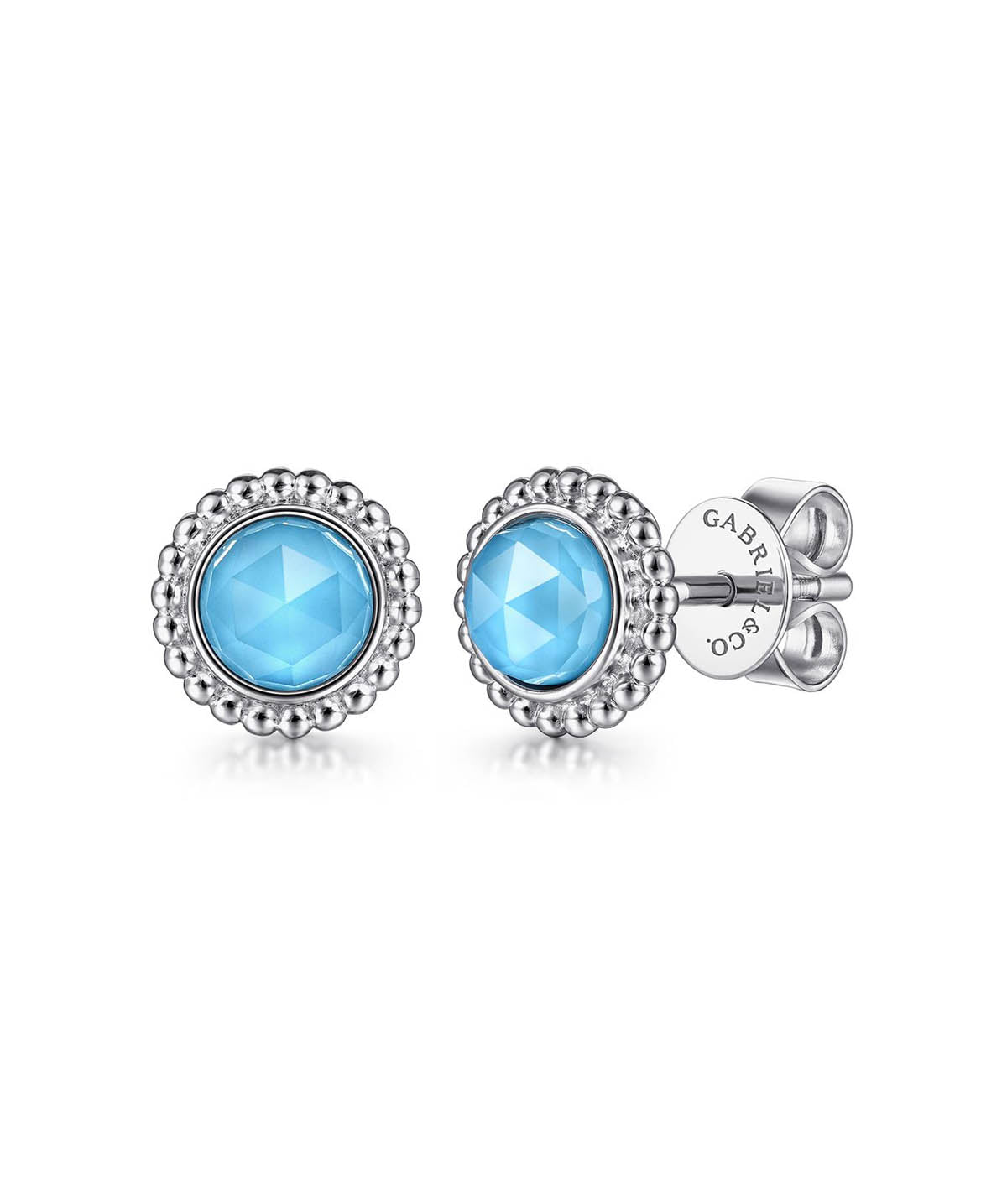 925 Sterling Silver Round Rock Crystal Turquoise Stud Earrings