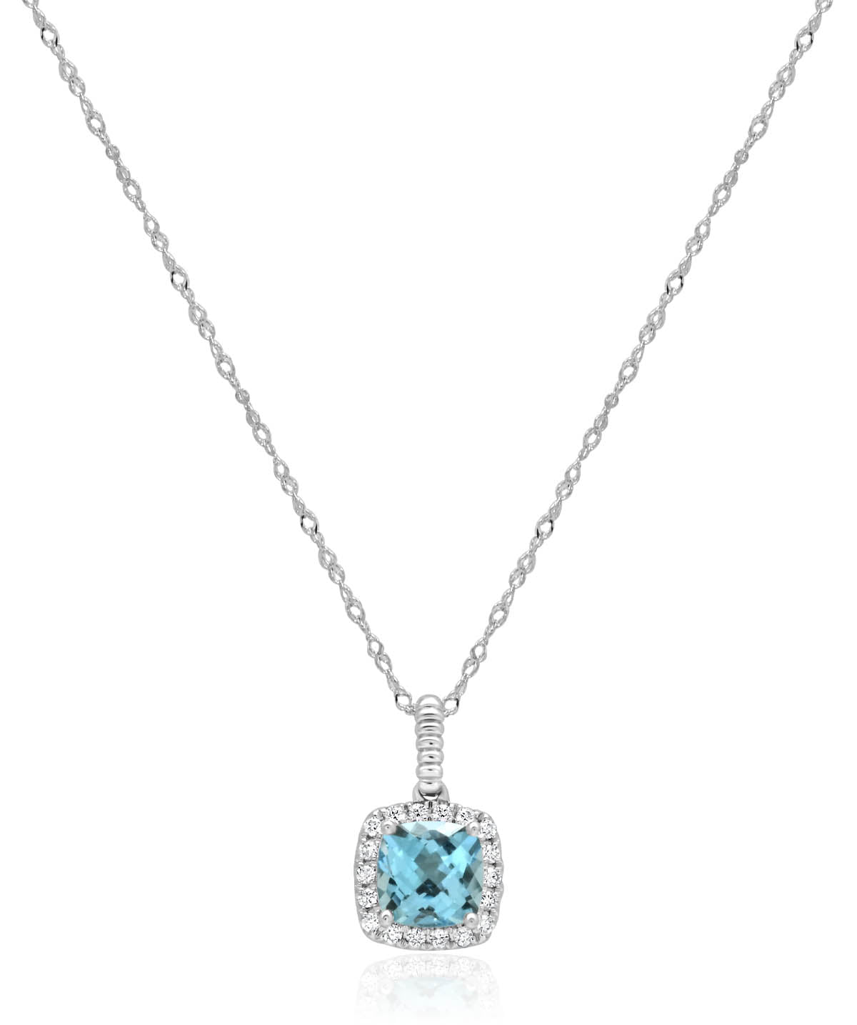 14K White Gold Princess Cut Blue Topaz and Diamond Halo Pendant Necklace