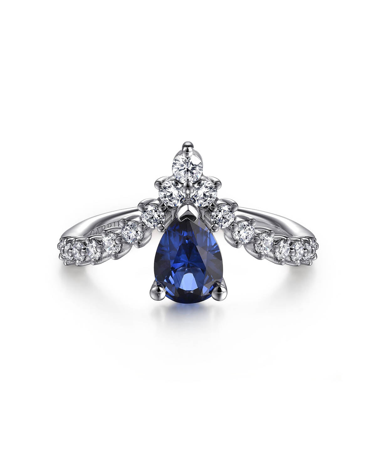 14K White Gold Diamond and Pear Sapphire Chervon Ladies Ring