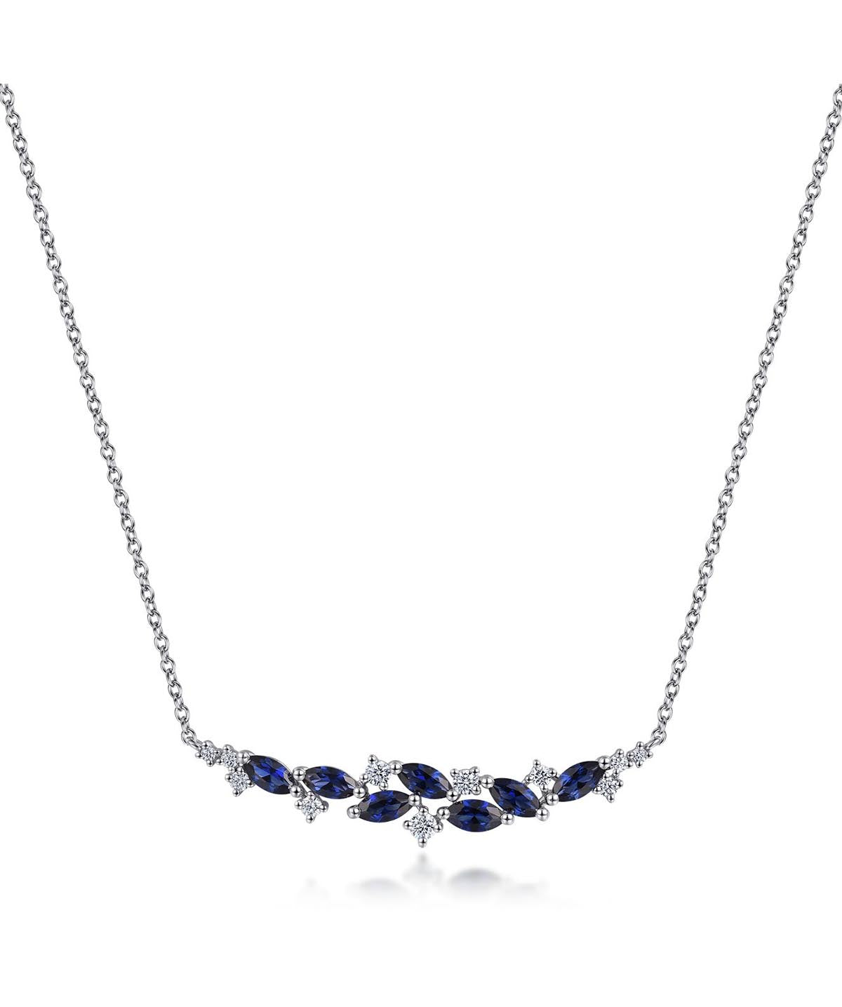 14K White Gold Diamond and 1ct Marquise Blue Sapphire Bar Necklace
