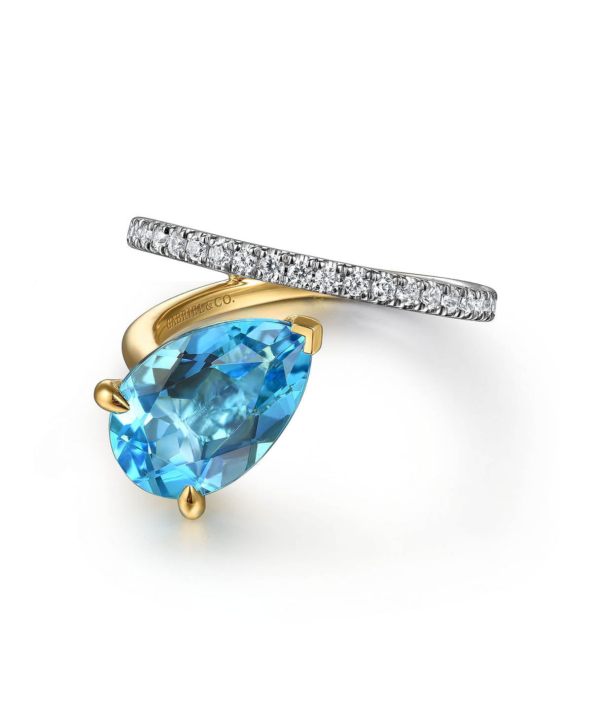 14K White Yellow Gold Diamond and Blue Topaz Bypass Ring