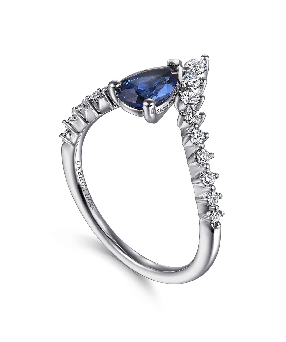 14K White Gold Diamond and Pear Sapphire Chervon Ladies Ring