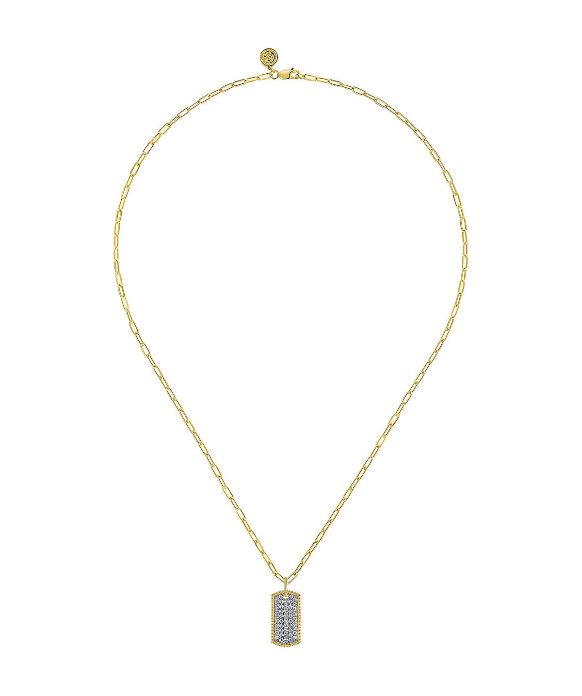 14K Yellow Gold Diamond Pave Dog Tag Pendant Hollow Chain Necklace