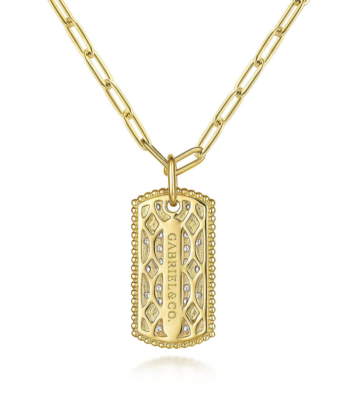 14K Yellow Gold Diamond Pave Dog Tag Pendant Hollow Chain Necklace