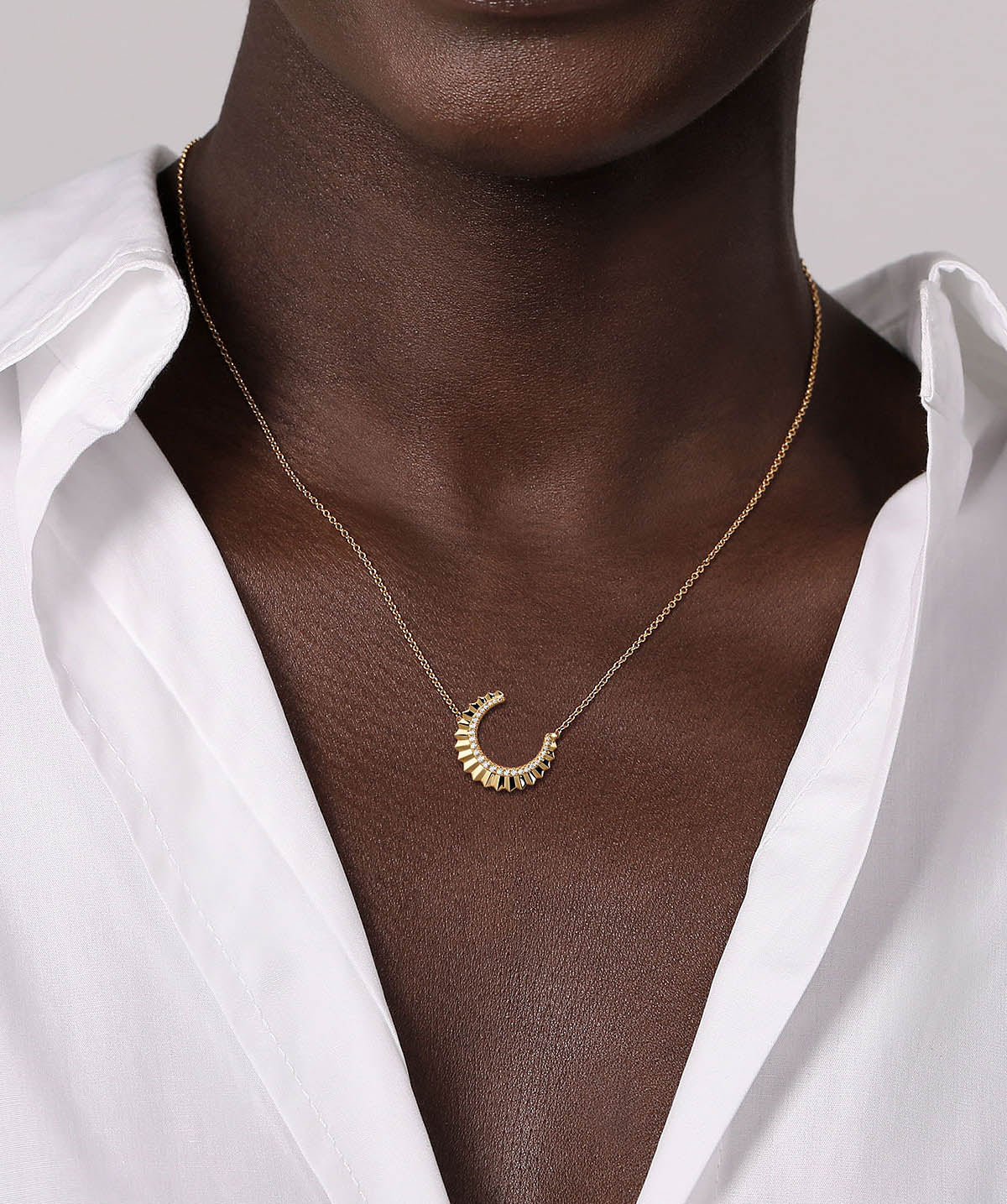 14K Yellow Gold Diamond Half Moon Diamond Cut Pendant Necklace