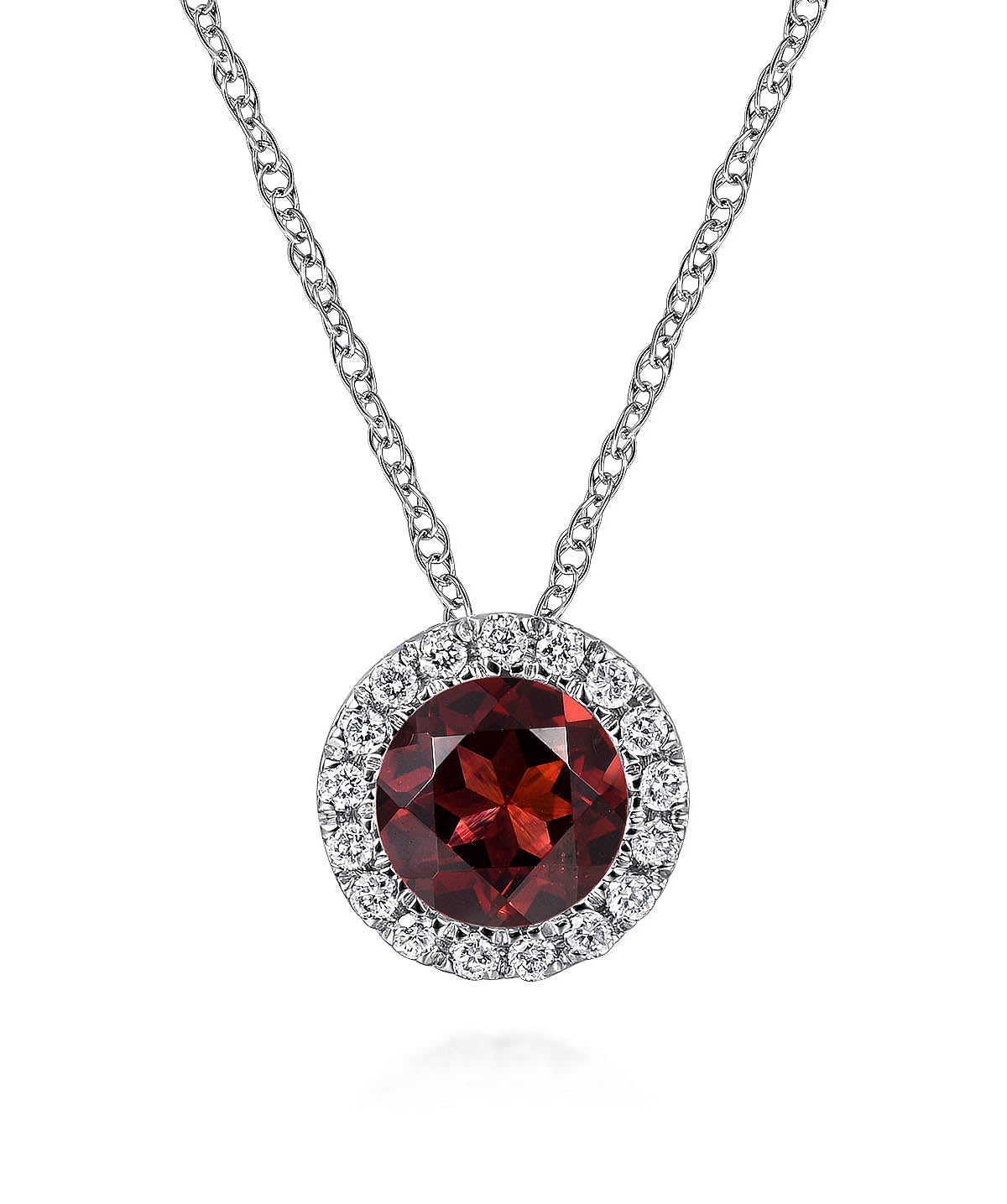 14K White Gold Garnet and Diamond Halo Pendant Necklace