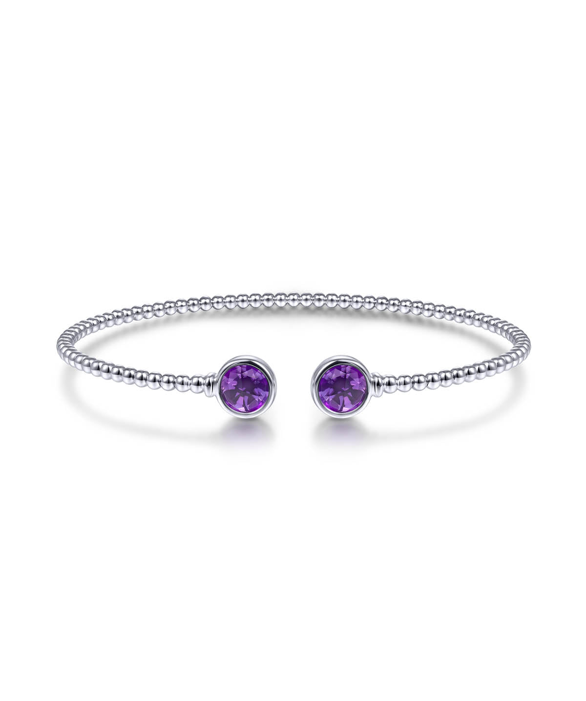 14K White Gold Bujukan Bead Cuff Bracelet with Bezel Set Round Amethyst