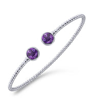 14K White Gold Bujukan Bead Cuff Bracelet with Bezel Set Round Amethyst