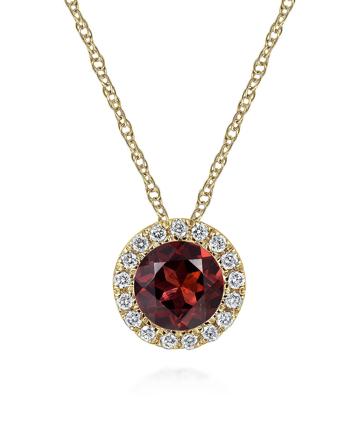 14K Yellow Gold 5mm Garnet and Diamond Halo Pendant Necklace