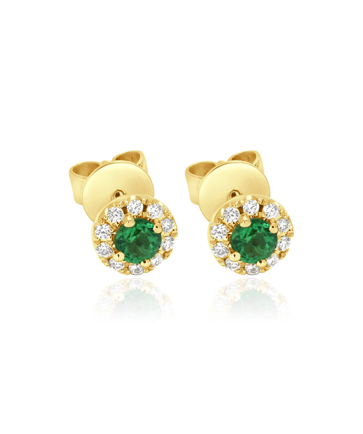 14K Yellow Gold Emerald and Diamond Halo Stud Earrings