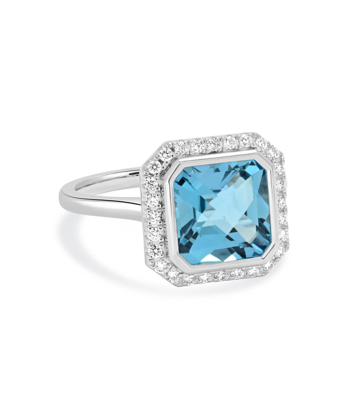 14K White Gold 3.65ct Blue Topaz and Diamond Halo Ring