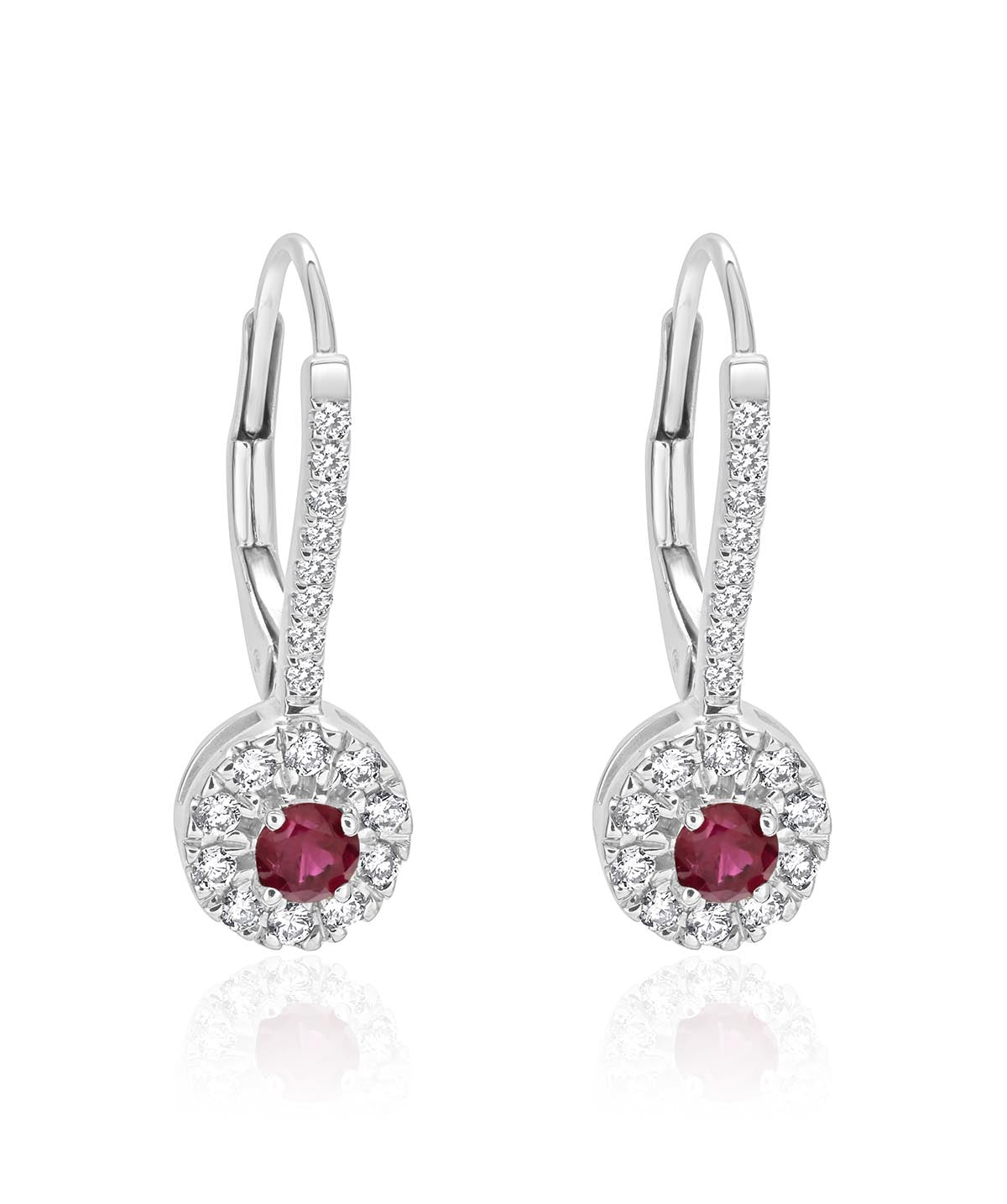 14K White Gold Ruby and Diamond Dangle Lever Back Earrings