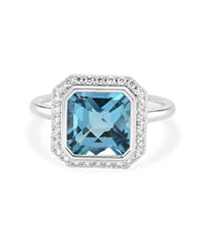 14K White Gold 3.65ct Blue Topaz and Diamond Halo Ring