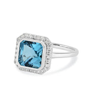 14K White Gold 3.65ct Blue Topaz and Diamond Halo Ring