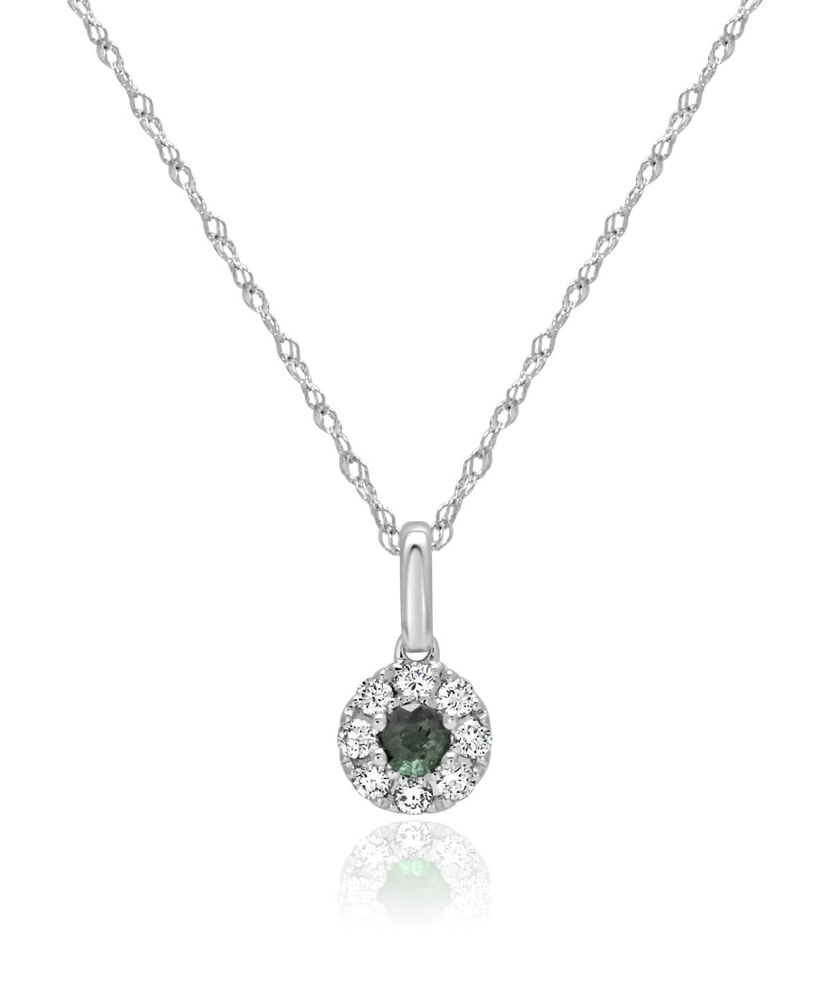 14K White Gold Emerald and Diamond Halo Pendant