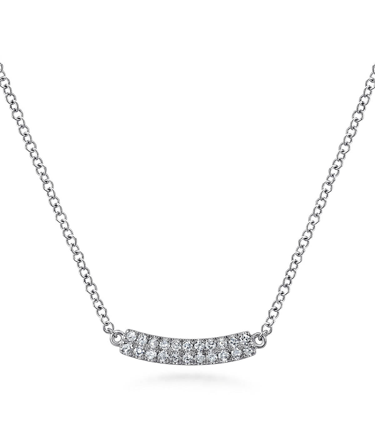 14K White Gold Curved Pave Diamond Bar Necklace